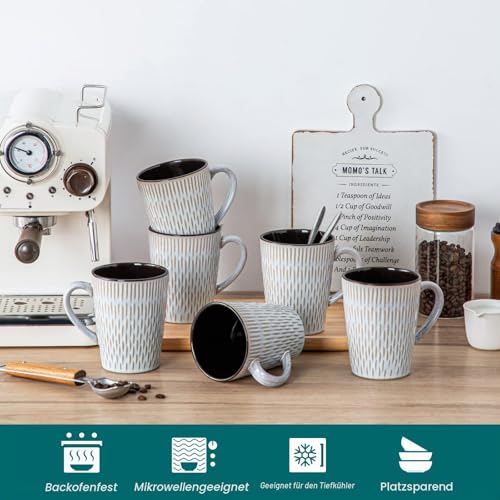 vancasso PLUVO Kaffeetassen set 6er, Tassen Set Steingut, 480ml Kaffeebecher mit Henkel, Espressotassen, Teetassen groß… – Ansicht 4