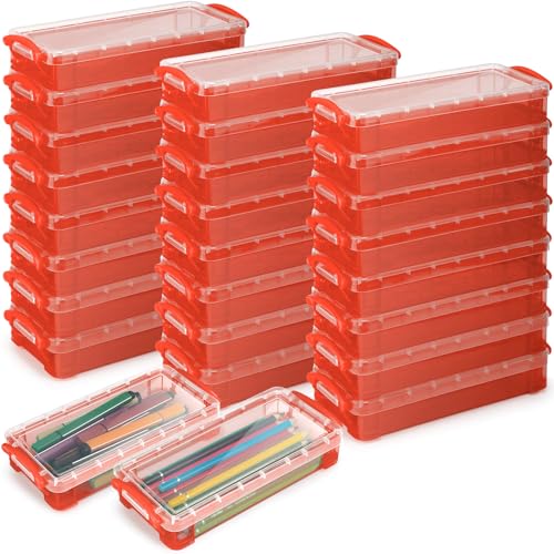 Image of Gueevin 24 Pcs Large Capacity Plastic Pencil Box Clear Plastic Pencil Case Crayon Box with Snap Tight Lid Watercolor Pen Storage Brush Organizer Drawing Tools Container (Red)