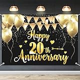 HAMIGAR 6x4ft Happy 20th Anniversary Banner Backdrop - 20 Wedding Anniversary Decorations Party Supplies - Black Gold