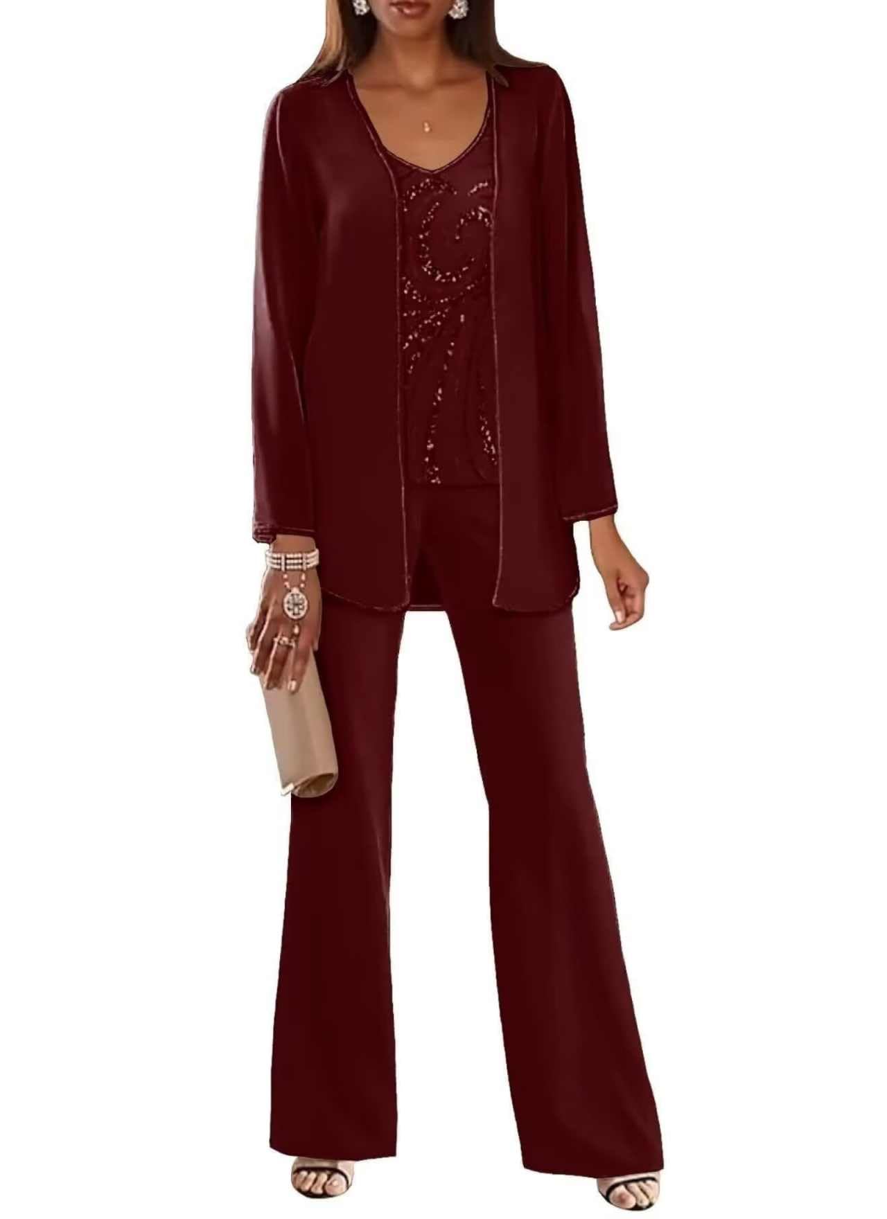 3 Pieces Chiffon Mother of The Bride Pant Suits for Wedding Sequin Wedding Guest Outfit for Women with