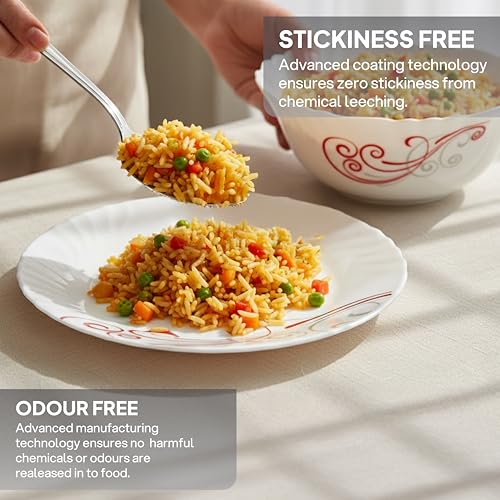 Image of Cello Opalware Imperial Series Red Swirl 10 Pieces Dinner Set | Opal Glass Crockery for 2 | Bone Ash-Free, Lightweight, Elegant White Plate & Bowl Set |Opalglass Dinner Set for Daily Use & Gifting
