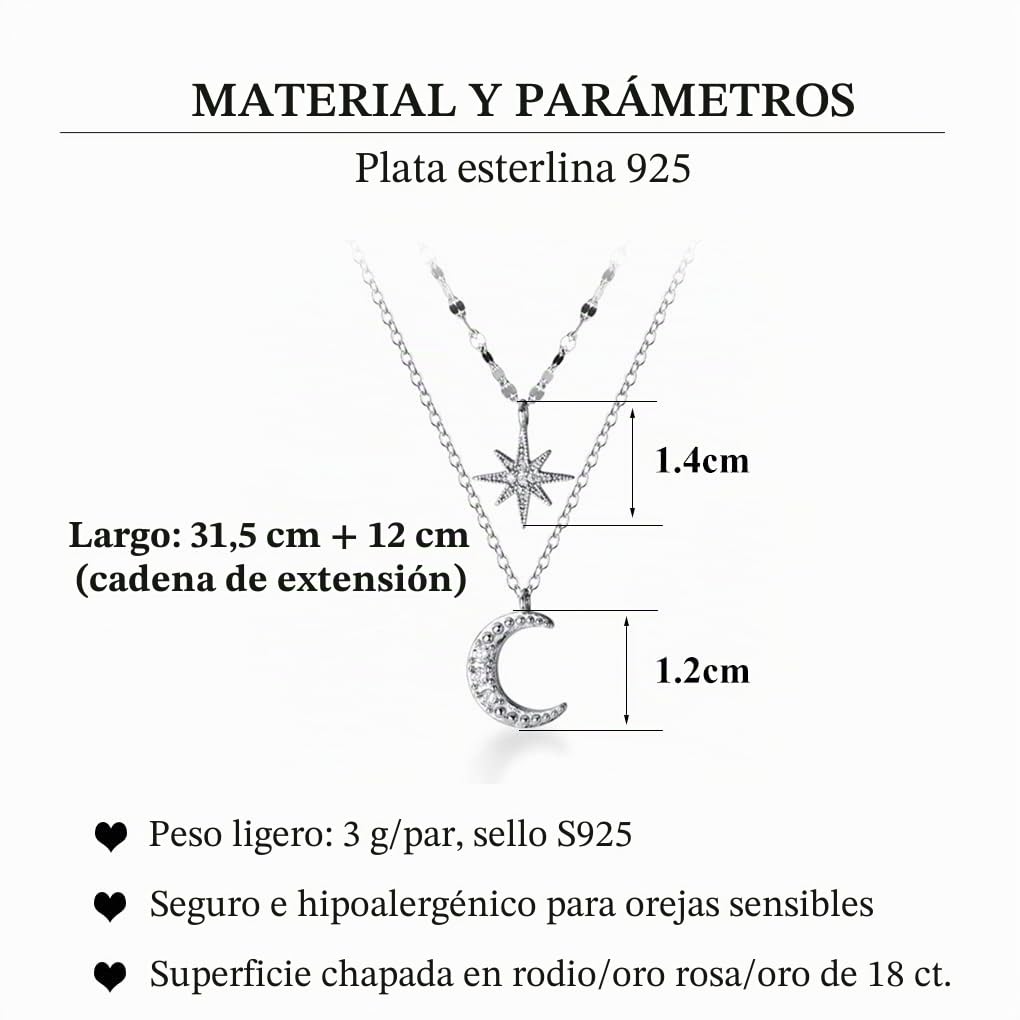 SLUYNZ 925 Plata Esterlina Collar en Capas Cadena Luna Estelar Choker Collar para Mujeres Chicas Adolescentes Gargantilla Cadena Capas (A-Silver)