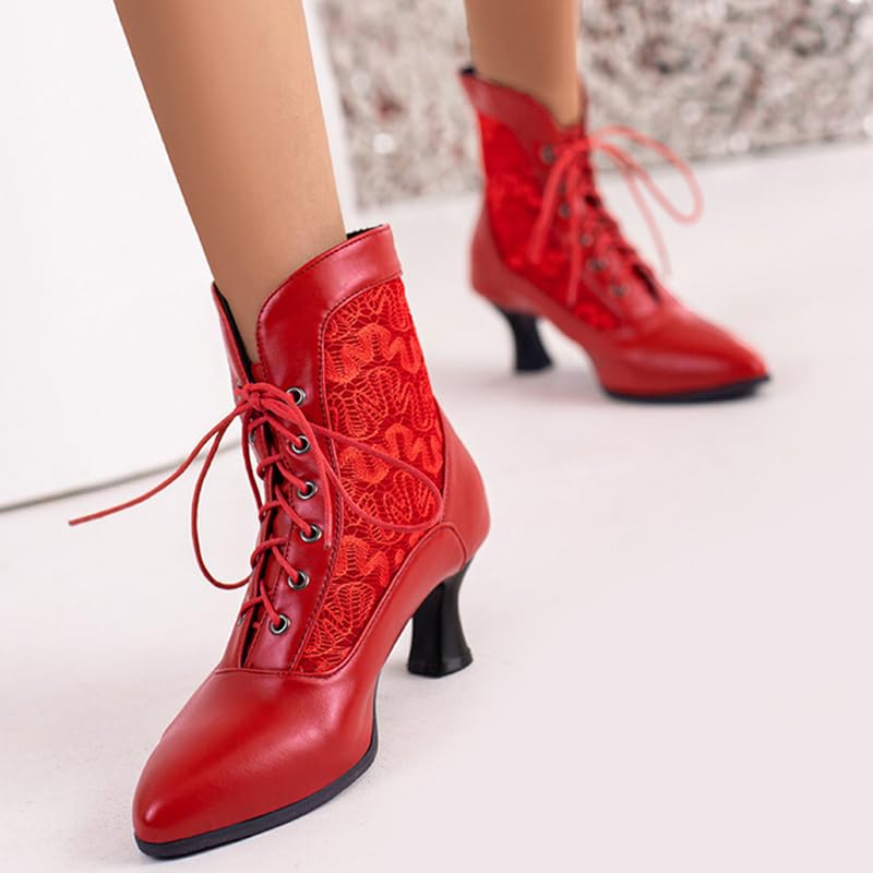 RiceelSor Women Lace Pointy Toe Kitten Heel Victorian Witch Boots Lace Up Round Toe Comfortable Bridal Costume Chunky Heel Plus Size Ankle Booties2