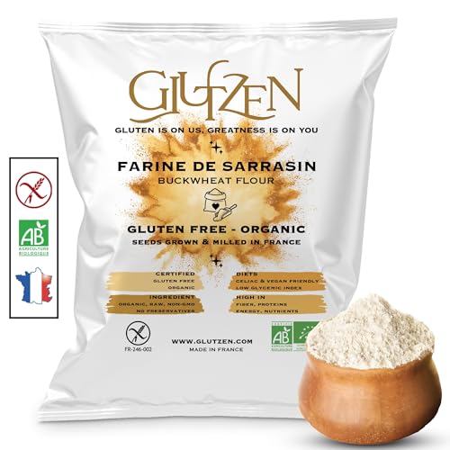 Harina de Trigo Sarraceno Biológica Sin Gluten GLUTZEN - Pan sin gluten, masa para pizza, pasta, panqueques, galletas, muffins - Bajo IG, Keto, Vegano, sin alérgenos. (1x500g)