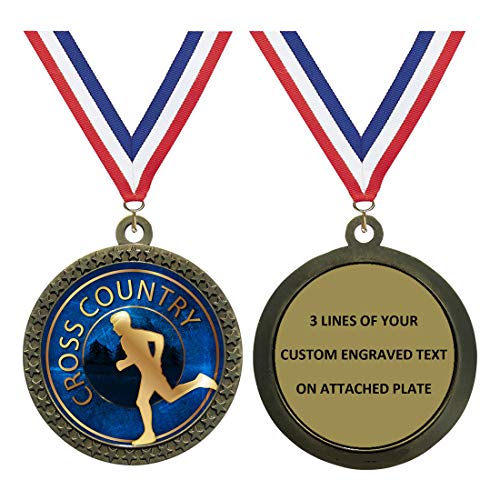 Custom Engraved Large 3 inch Die-Cast Metal Cross Country Award Medal Medallion with Antique Gold Finish and Attached 2 Inch Full Color Laminated Sport Insert.