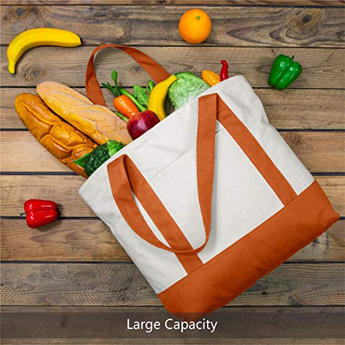 Image of TOPDesign 1-Pack Canvas Tote Bag with an External Pocket, Reusable Grocery Shopping Bag, Top Zipper Closure, Daily Essentials (Orange /Natural)