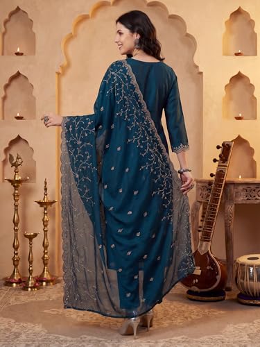 Image of INDO ERA Women's Silk Blend Embroidered Zari Work Kurta & Pant with Dupatta Set