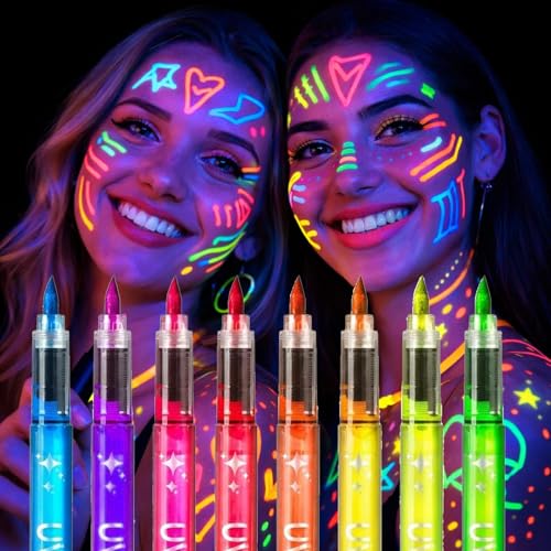 UV Glow Face & Body Paint Kit with 8 Vibrant Fluorescent Colours - Waterproof Washable Skin-Friendly Face & Body Makeup Pens for Festival Rave Theatre & Costume Events (8 Colors A)