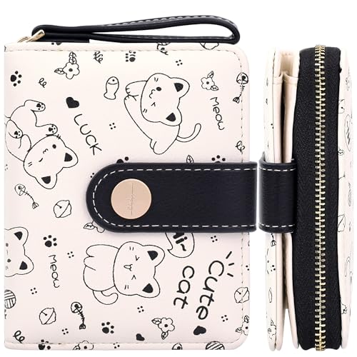 Image of Farcauo Cat Pattern Wallet for Women and Ladies Small Cute Kawaii Black Coin Purse with ID Window and Credit Card Holder Compact Wallet for Women and Ladies