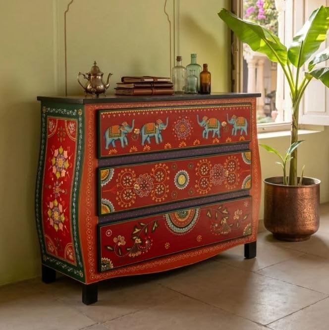 Wooden Chest of Drawers | Handcrafted Solid Mango Wood Cabinet for Living Room & Bedroom | Handpainted Stylish Storage Furniture for Home (Red Handpainted)-image-22