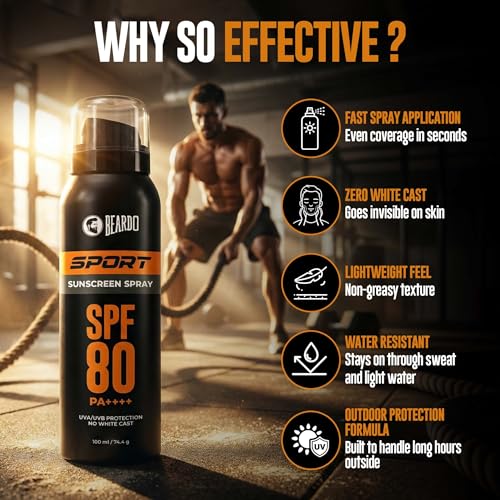 Image of BEARDO SPF 80 Sport Aerosol Sunscreen Spray PA++++ | Water & Sweat Resistant | Broad Spectrum UVA UVB Protection | Lightweight Quick Dry Aerosol | Outdoor Sports Sunscreen