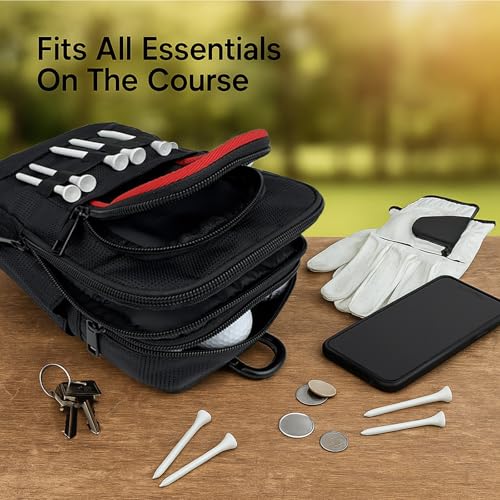 Taktische Golf-Wertsachen-Tasche mit Karabiner, wasserabweisend, Golftasche, Tasche für Gürtel, Wagen oder Rucksack, kompakte Golf-Zubehörtasche für Bälle, Tees, Handschuhe und EDC-Ausrüstung, Schwarz