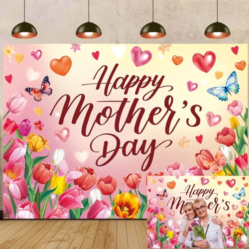Happy Mother's Day Backdrop Pink Flower Heart Thanks Mother Photography Background Mother's Day Party Decorations Photo Booth Props (Pink, 7x5FT（210x150cm）)