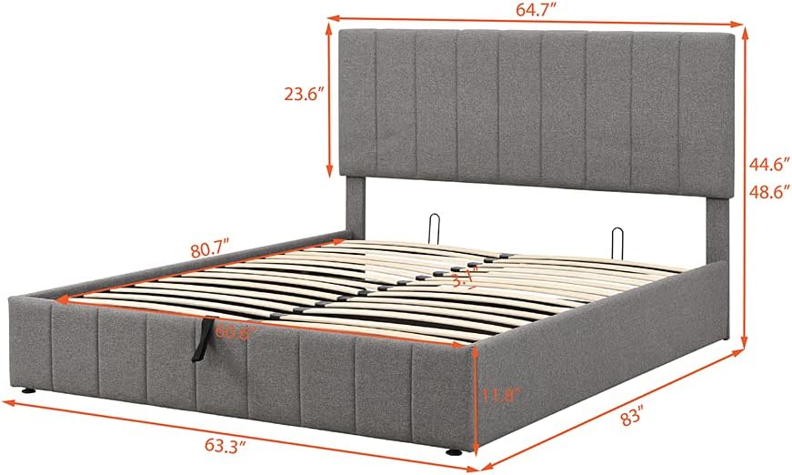 Wooden Upholstered Platform Bed with Hydraulic Storage System, Queen Size Bedroom Furniture Bed Frame with Linen Fabric Upholstered Headboard (Gray)