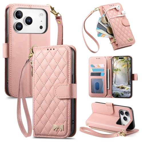 Étui portefeuille iPhone 12 rose avec fermeture éclair anti-chute en cuir