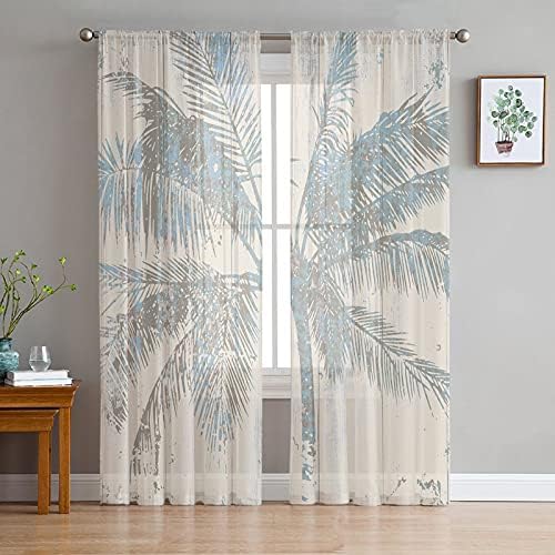 Semi Sheer Curtains 84 inches Long, Tropical Palm Tree Vintage Wood Window Treatments Curtains,Light Filter Curtains Rod Pocket Drapes for Living Room Bedroom,2 Panels