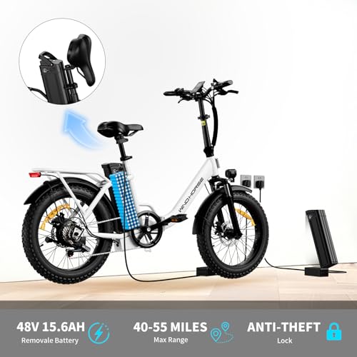 Image of WINDHORSE 20 inch Foldable Electric Bike, 983W Peak Motor, 20MPH, 40-70 Miles, 48V 748.8Wh Removable UL Battery, Front Suspension, Fat Tire E-Bike for Commuting, Beach, All -Terrain | Adults & Teens