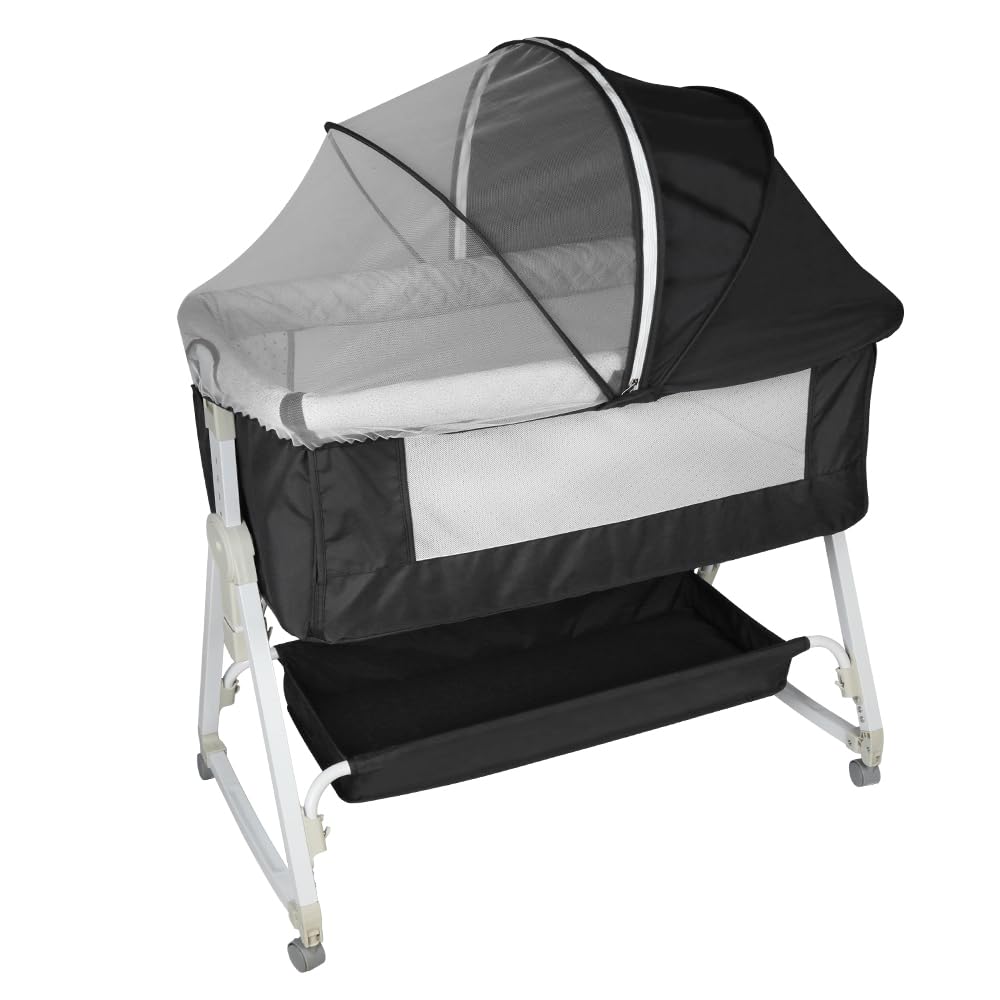 OHMG Cuna Colecho 3 en 1,Cuna Plegable,Cuna Bebé Altura Ajustable,Cunas con Colchon,con Mosquitera,Plegado Fácil,para Recién Nacido Niño Niña (95 * 50 * 98-110cm (Negro))