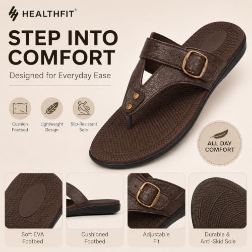 Image of OfficeEase 2.0 Women's Comfort Sandals, Toe-Ring Slip-On Slippers with Chic Buckle Detail, Soft Cushioned Footbed, Responsive Support Sole for Office & Daily Wear, Brown