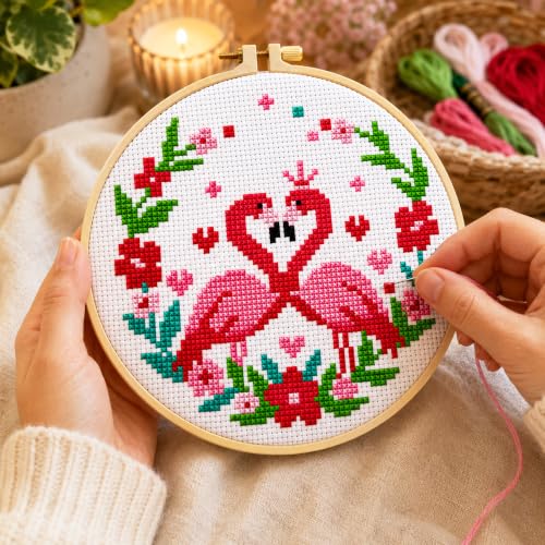 Image of Zhenqing 4 Bird Circle Cross Stitch Kit 11CT Pre-Printed Floral Bird Embroidery Kit with 20cm Hoop, Flamingo Hummingbird Songbirds DIY Beginner Craft Home Wall Decor Gift