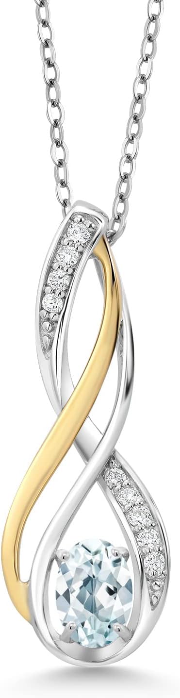 Gem Stone King 2-Tone Oval Pendant Necklace for Women | 10K Yellow Gold and 925 Sterling Silver | 6X4MM Oval Gemstone Birthstone and White Lab Grown Diamond | With 18 Inch Silver Chain