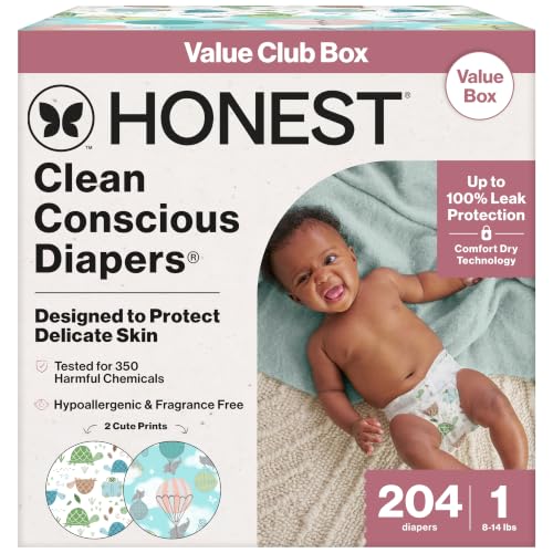 The Honest Company Diapers, Value Pack, Fragrance-Free, Size 1, 204 Count