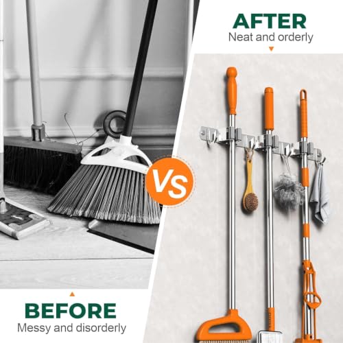 Image of Niwlix 3 Slot & 4 Hook Stainless Steel Mop and Broom Holder