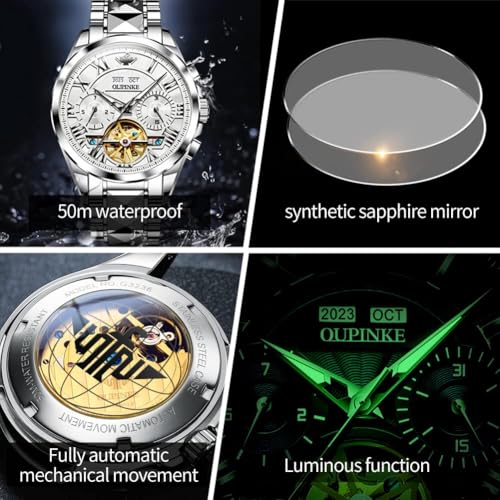 Image of OUPINKE Watches for Men Automatic Skeleton Self Winding Dress Wrist WatchBusiness Waterproof Luminous Tungsten