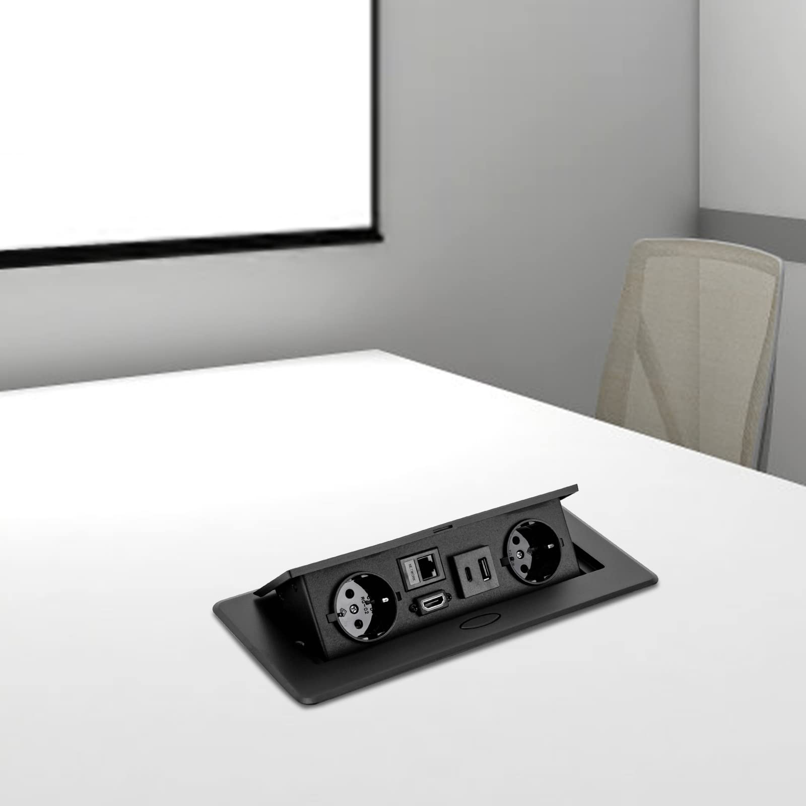 Prise encastrable - Prise de table - Prise de table - Prise cachée - Plateau de table - Boîte de sol pop-up avec 2 chargeurs LAN HDMI EU et USB type 5 V 3 A - CA 250 V 16 A (noir)