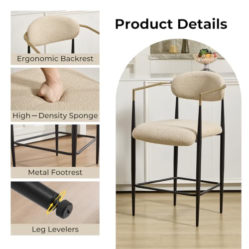 Butacos modernos para barra, 25'' con tapizado Boucle y brazos, sillas de isla estilo medio siglo con respaldo y patas de metal para cocina, comedor, cafetería, juego de 4, color caqui miniatura 5