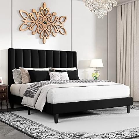 HOOMIC Queen Size Platform Bed Frame with Velvet Upholstered Plush Vertical Channel Headboard, No Box Spring Needed, Easy Assembly,Black Cover