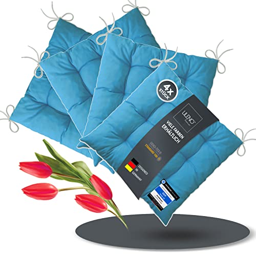 LILENO HOME 4er Set Stuhlkissen Türkis (40x40x6 cm) - Sitzkissen für Gartenstuhl, Küche oder Esszimmerstuhl - Bequeme UV-beständige Indoor u. Outdoor Stuhlauflage als Stuhl Kissen