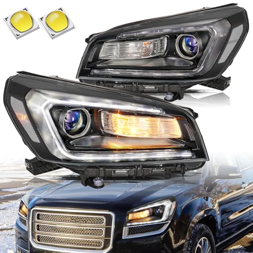 Aosky Halogen Headlight Assembly for 2013-2016 GMC Acadia 2017 Limited Factory OE Style Replacement LED Tube DRL Projector Headlamp Chrome Housing Pair Set