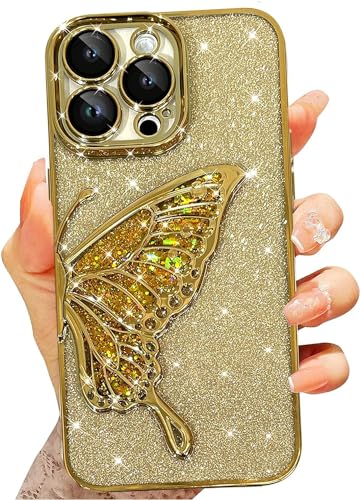 Image of SHINESTAR 3D Butterfly Case for iPhone 15 Pro Max Cover, Cute Girly Glitter Bling Luxury Back Cover for Women Girls Protective Shockproof Slim Camera Protection for iPhone 15 Pro Max - Gold