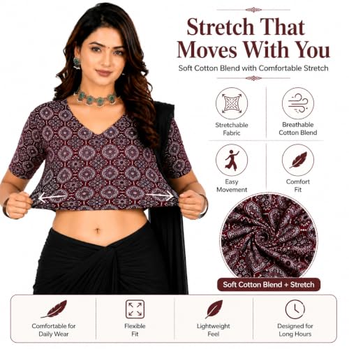 Image of Mogsa Women's Kalamkari Print Cotton Stretchable V-Neck Readymade Saree Blouse | Soft Cotton Blend | Stretch Fabric | Ready-to-Wear