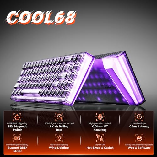 Image of DAREU COOL68 65% Hall Effect Magnetic Switch Gaming Keyboard with 8000Hz Polling Rate,Rapid Trigger,Adjustable Actuation,SOCD,0.1ms Latency,Gasket Mount,Clear keaycaps,Hot swappable,RGB Light