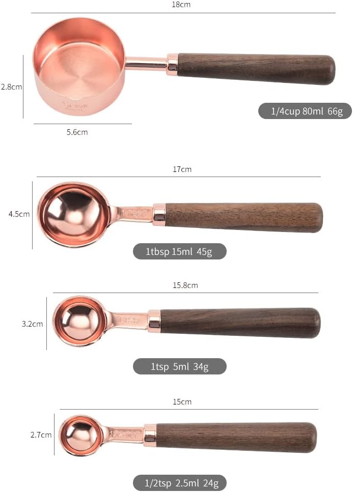 4 Pcs Stainless Steel Measuring Cups Spoons Set, Stackable Kitchen Gadget for Dry Liquid Ingredients, Wood Handle