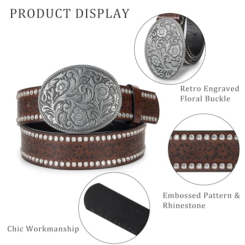 Western-Cowboy-Leather-Belts for Women Rhinestone-Oval-Buckle Embossed Cowgirl Belt for Jeans Pants4