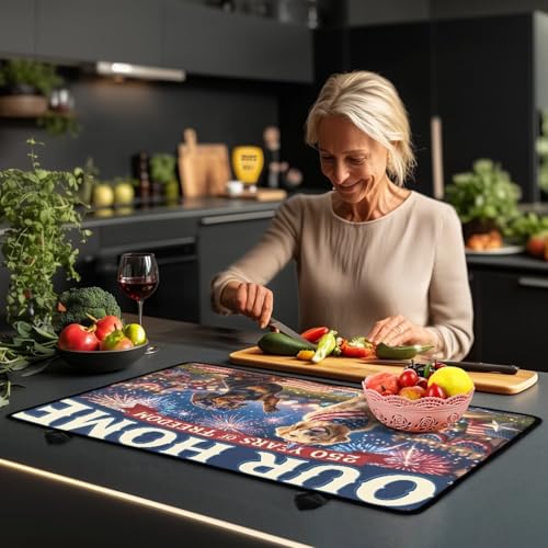 Image of Poceacles 4th of July Electric Stove Top Cover Induction Electric Stove Protector Non-slip Glass Cooktop Cover Stovetop Mat Multipurpose Flat Top Mat, Dog American Flag 250 Years Print
