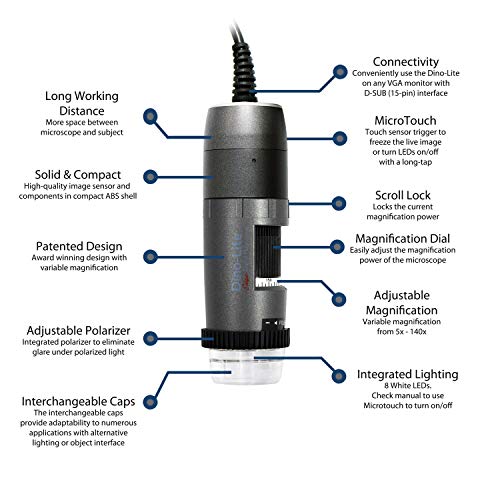 Dino-Lite Vga Digital Microscope Am5216Ztl- 720P, 5X - 140X Optical Magnification, Polarized Light, Long Working Distance #TOP1