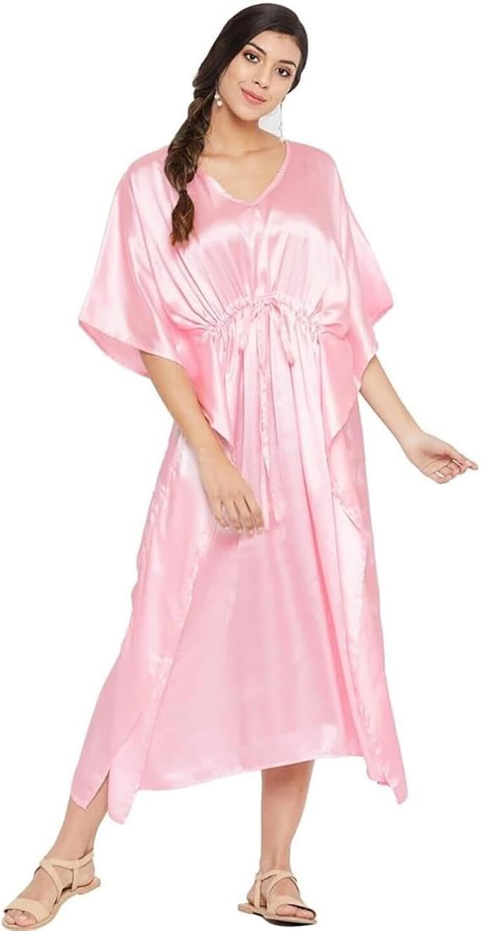 Womens Silk Long Maxi Plain Nightwear Dress Ladies Kimono Sleeve Long Nightdress Silk Satin Kaftan with Drawstring Night Maxi Caftan Plus Sizes UK 8 To 22
