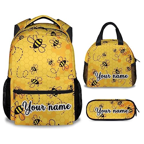 Personalized Bee Backpack with Lunch Box, Set of 3 School Backpacks Matching Combo, Cute Yellow Bookbag And Pencil Case Bundle
