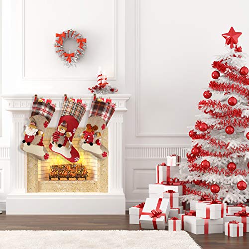 Aitey Christmas Stocking, 18" Set Of 3 Santa, Snowman, Reindeer, Xmas Character 3D Plush With Faux Fur Cuff Christmas Decorations And Party Accessory (Short Hat2) #TOP2