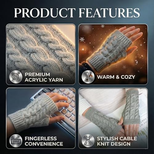 Image of Kraptick Women's Cable Knit Fingerless Gloves - Winter Soft Woolen Arm Warmers with Thumb Hole - Thermal Half Finger Mittens for Typing, Driving & Texting (Free Size, Khaki)