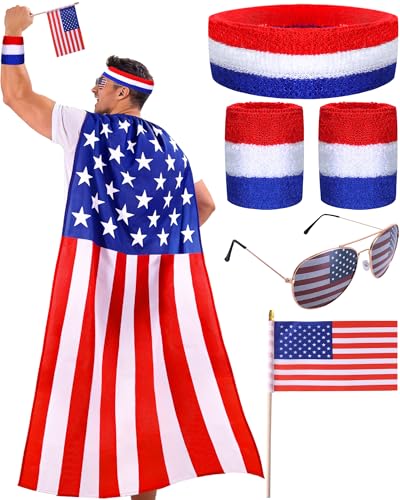 BOXPATH 5 PCS American Flag Costume 4th of July Accessories USA Flag/Cape/Glasses/Headband 250th Anniversary USA Costume