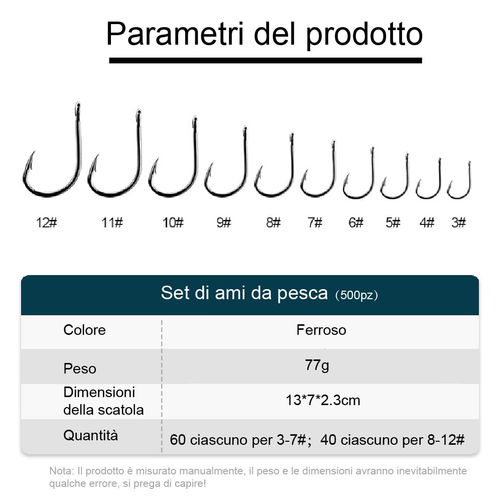 500 Pezzi Ami da Pesca, Ami da Pesca in Acciaio al Carbonio con Scatola di Plastica, 10 Dimensioni Amo Pesca Spinato Ganci a Occhiello Adatto per la Pesca in Lago, in Fiume, in Mare