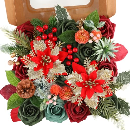 Senseya Artificial Christmas Flowers Poinsettia Combo Set Mix Silk Flowers Fake Roses with Stems for DIY Tree Ornaments Xmas Wreath Floral Arrangements Centerpieces Home Christmas Decorations