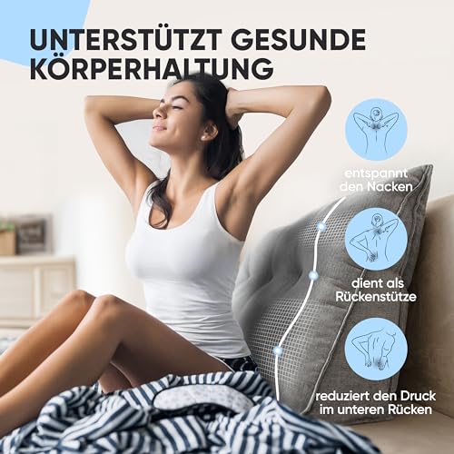 Björn&Schiller Rückenkissen - Lesekissen für Bett und Sofa, Keilkissen, Rückenpolster für die Wand, Sitzkissen, Wandkissen, groß mit waschbarem Bezug (Grau, 180 cm)