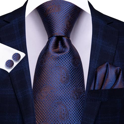 Image of Hi-Tie Paisley Floral Ties Set for Men Silk Mens Stripes Necktie Pocket Square Cufflinks Set Formal Business