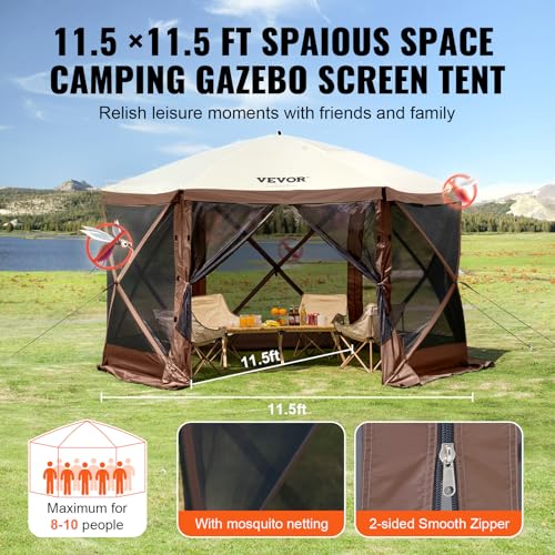 VEVOR Pop Up Gazebo Tent, Pop-Up Screen Tent 6 Sided Canopy Sun Shelter with 6 Removable Privacy Wind Cloths & Mesh Windows, 11.5x11.5FT Quick Set Screen Tent with Mosquito Netting, Brown - Image 6